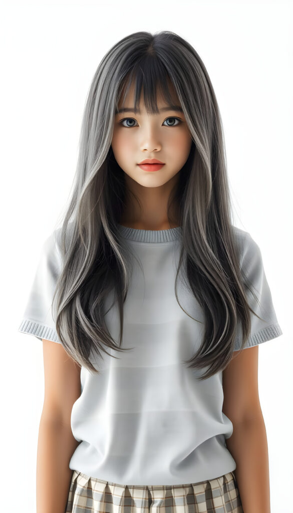 super realistic, detailed, ((gorgeous)) ((stunning)) cute young girl, full body portrait, 18 years old, pencil drawing, thin and fine wool t-shirt and a round short mini skirt, fine open straight ash grey shiny hair