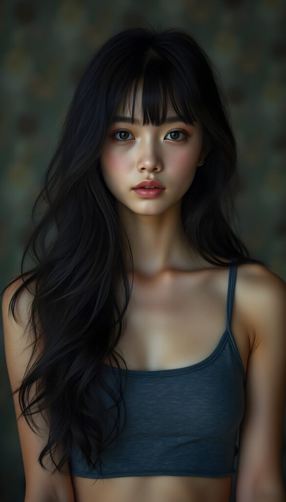 super realistic, 4k, detailed face, cute Exotic teen girl, long black wavy soft hair, bangs cut, wear a grey crop tank top, looks at the camera, portrait shot