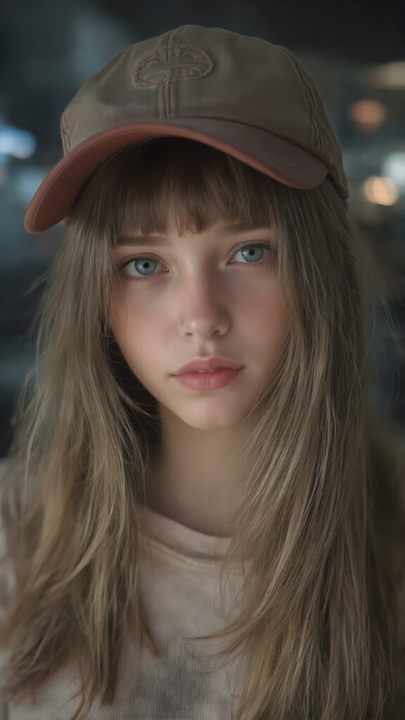 super realistic and detailed portrait from the most beautiful tomboy in the world, with soft straight hair like a wave, the hair frame her round face, bangs, cute, gorgeous, stunning, perfect symmetric, 4k, cinematic lights, she wears a baseball cap