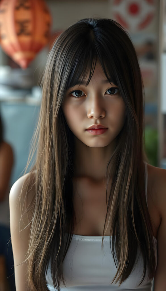 super realistic, detailed face, cute Asian girl, long straight hair, realistic detailed eyes, wear white short tight tank top, looks sadly at the camera, perfect curved body