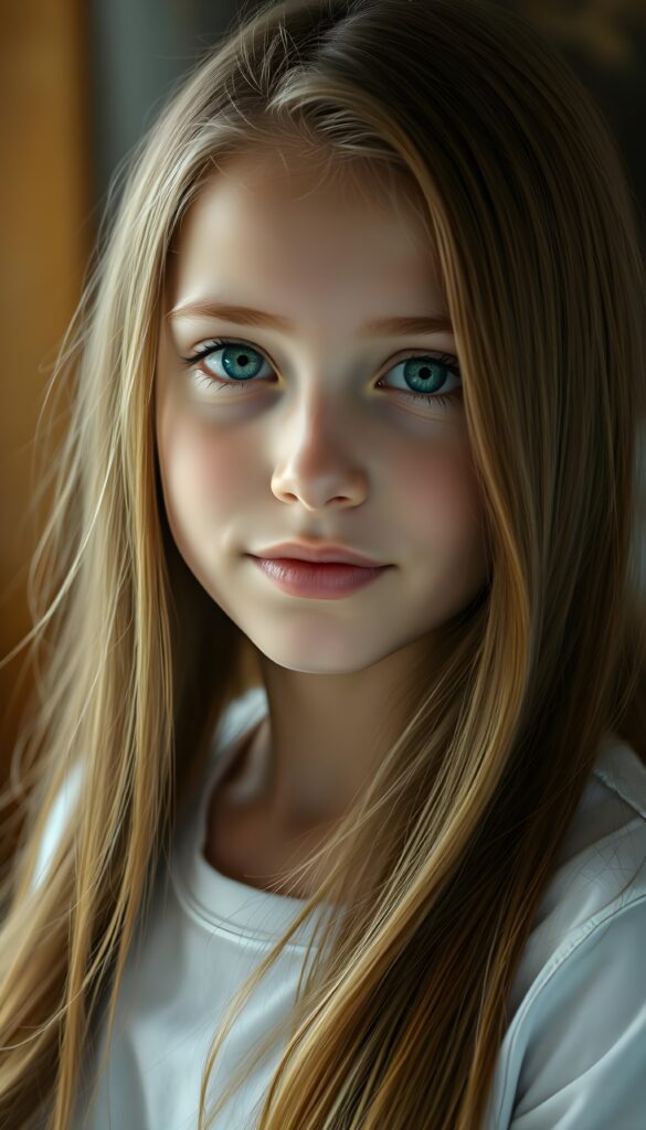 super realistic, detailed portrait, a beautiful young girl with long amber hair looks sweetly into the camera. She has beautiful light green eyes, full lips. She wears a white t-shirt.