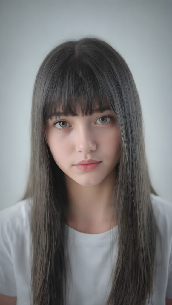 super realistic, detailed portrait, a beautiful young teen girl with long soft straight black hair bangs, round face, looks sweetly into the camera, she wears a short white t-shirt