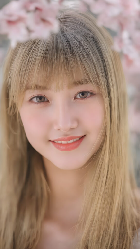 super realistic, 4k, detailed face, cute Asian teen girl, long blonde straight hair, Korean styled bangs, looks at the camera, portrait shot, smile very happy, a cherry blossom in the background