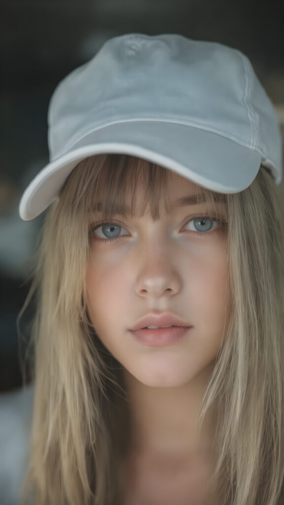 super realistic and detailed portrait from the most beautiful tomboy in the world, with soft straight hair like a wave, the hair frame her round face, bangs, cute, gorgeous, stunning, perfect symmetric, 4k, cinematic lights, she wears a baseball cap