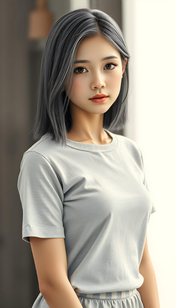 super realistic, detailed, ((gorgeous)) ((stunning)) cute young girl, full body portrait, 18 years old, pencil drawing, thin and fine wool t-shirt and a round short mini skirt, fine open straight ash grey shiny hair