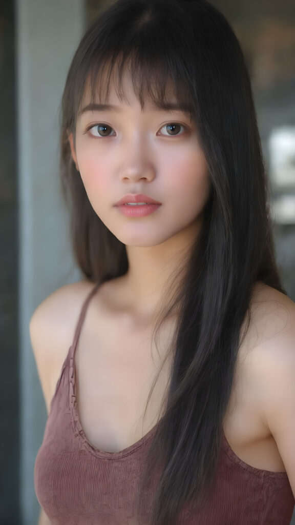 super realistic and detailed photo, a vividly captured moment where a (((Korean cute young adult girl, flawless, beautiful skin))) with long straight jet-black super soft hair, bangs, stands confidently upper body portrait, dressed in a ((brown sleeveless cropped tank top, deep v-neck, perfect curved body)) that accentuates her toned, slightly imperfect complexion. Her striking features and perfectly proportioned figure convey an air of natural beauty