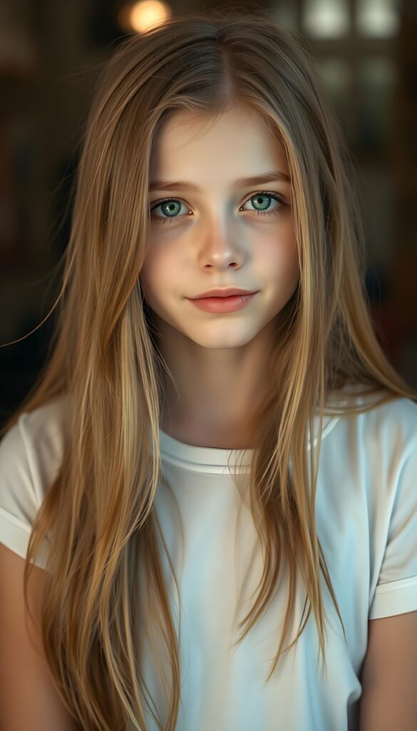 super realistic, detailed portrait, a beautiful young girl with long amber hair looks sweetly into the camera. She has beautiful light green eyes, full lips. She wears a white t-shirt.