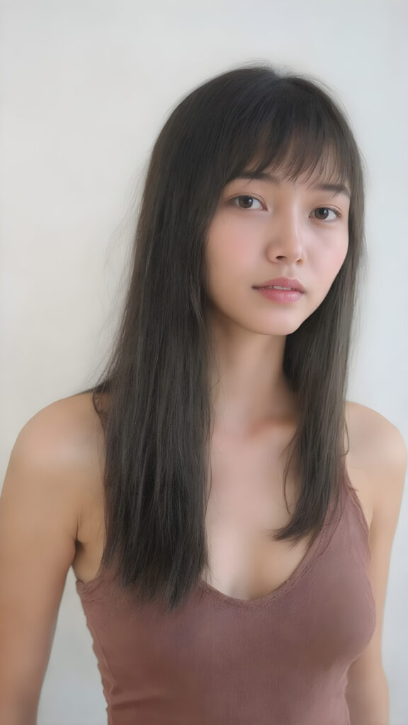 super realistic and detailed photo, a vividly captured moment where a (((Korean cute young adult girl, flawless, beautiful skin))) with long straight jet-black super soft hair, bangs, stands confidently upper body portrait, dressed in a ((brown sleeveless cropped tank top, deep v-neck, perfect curved body)) that accentuates her toned, slightly imperfect complexion. Her striking features and perfectly proportioned figure convey an air of natural beauty