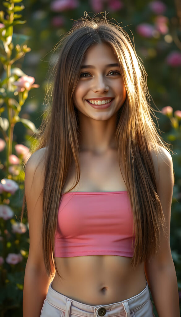 super realistic and detailed photo from a vibrant, joyful teenager, her smile radiant and infectious, stands in a lush garden bathed in golden sunlight. She wears a stylish, short pink crop top that accentuates her curves beautifully. Cute round small belly button. Her long, straight, hazelnut-colored hair cascades down her shoulders like a waterfall in the same length left and right. The scene is enhanced by soft bokeh effects and delicate floral accents, with blooming flowers and greenery surrounding her, creating a serene and cheerful atmosphere. The lighting is warm and inviting, highlighting her features and the vibrant colors of her outfit and the garden.