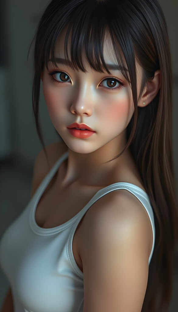 super realistic, detailed face, cute and stunning Asian girl, long straight hair, realistic detailed eyes, wear white short tight tank top, looks sadly at the camera, perfect curved body