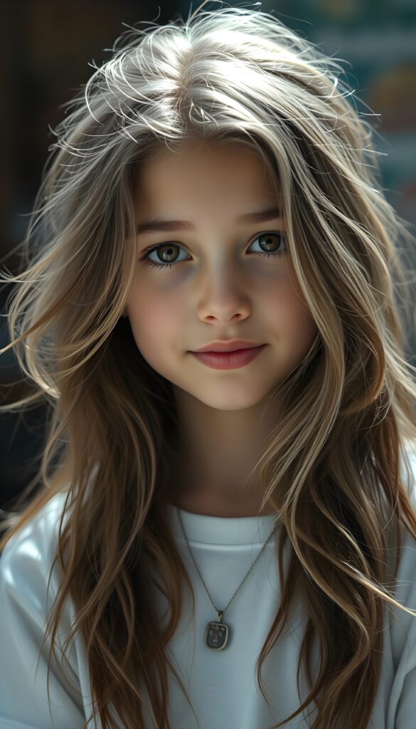 super realistic, detailed portrait, a beautiful young girl with long brown wavy hair and white highlights looks sweetly into the camera. She wears a white t-shirt