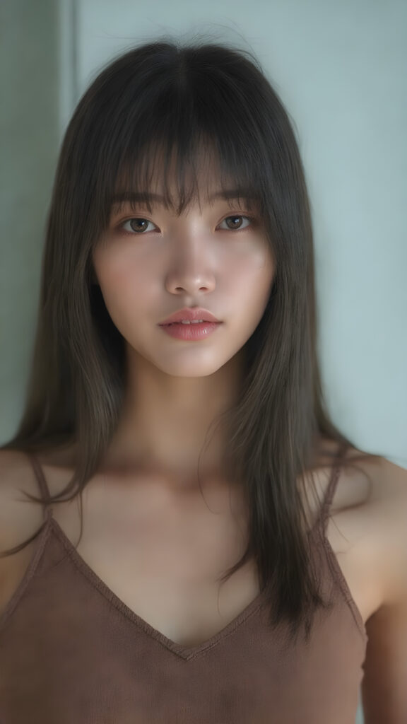 super realistic and detailed photo, a vividly captured moment where a (((Korean cute young adult girl, flawless, beautiful skin))) with long straight jet-black super soft hair, bangs, stands confidently upper body portrait, dressed in a ((brown sleeveless cropped tank top, deep v-neck, perfect curved body)) that accentuates her toned, slightly imperfect complexion. Her striking features and perfectly proportioned figure convey an air of natural beauty