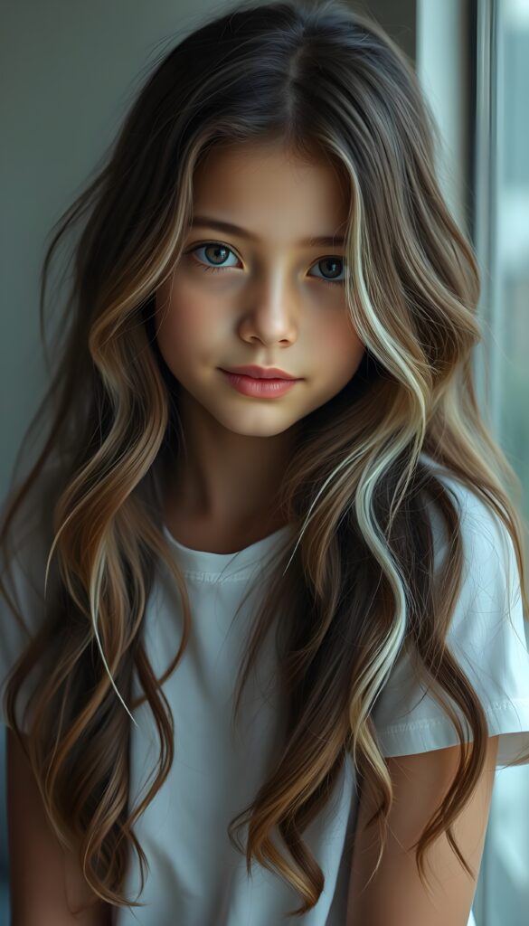 super realistic, detailed portrait, a beautiful young girl with long brown wavy hair and white highlights looks sweetly into the camera. She wears a white t-shirt