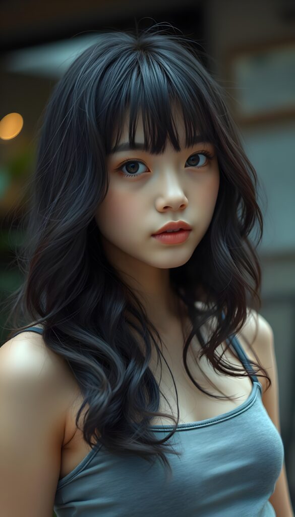 super realistic, 4k, detailed face, cute Exotic teen girl, long black wavy soft hair, bangs cut, wear a grey crop tank top, looks at the camera, portrait shot
