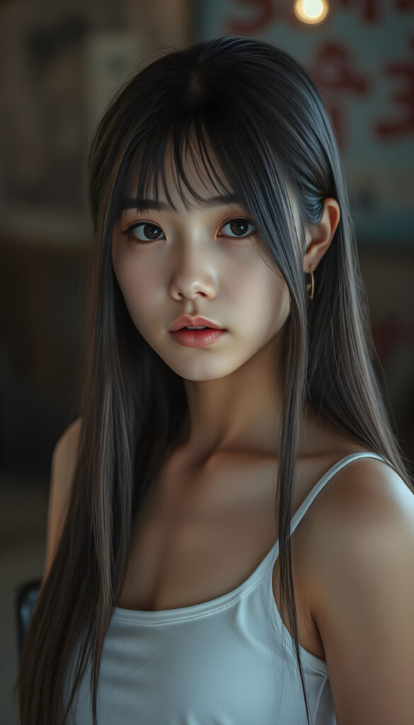 super realistic, detailed face, cute Asian girl, long straight hair, realistic detailed eyes, wear white short tight tank top, looks sadly at the camera, perfect curved body