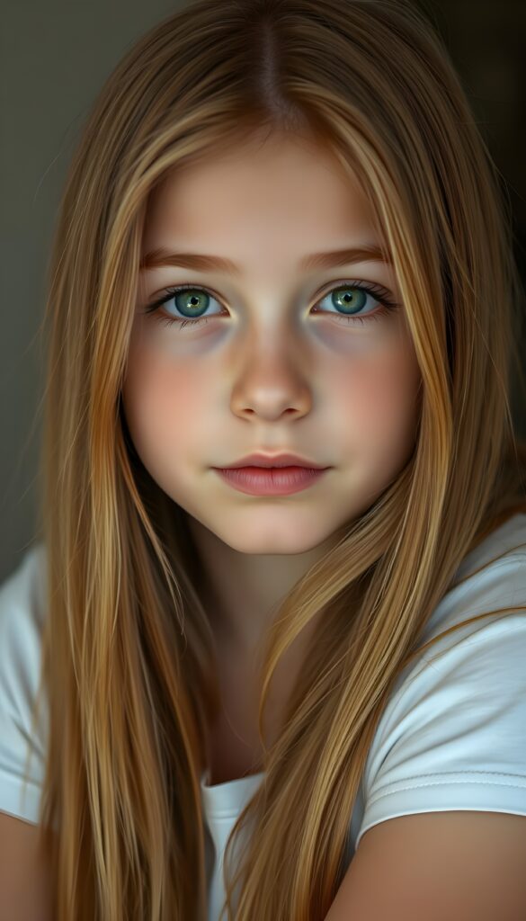 super realistic, detailed portrait, a beautiful young girl with long amber hair looks sweetly into the camera. She has beautiful light green eyes, full lips. She wears a white t-shirt.