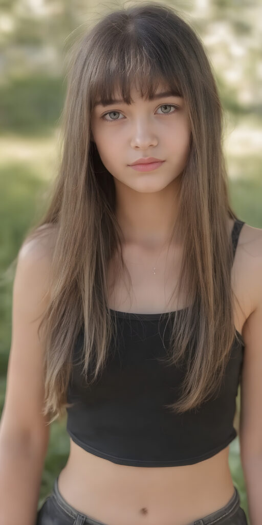super realistic and detailed photo, a beautiful young teen girl, with (long, straight, jet soft untucked hair, bangs), (full body view), with a slightly turned head), she wears an (thigh-length) short cropped tank top (that perfectly complements her youthful figure) paired with a round short black mini skirt, the lighting is soft and warm, highlighting her natural beauty and the intricate details of her dress, all against a sunny backdrop in nature, ((the camera is slightly sideways at half height))