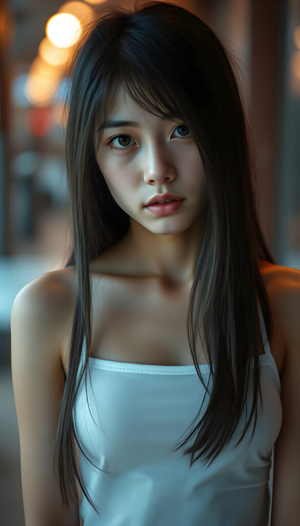 super realistic, detailed face, cute Asian girl, long straight hair, realistic detailed eyes, wear white short tight tank top, looks sadly at the camera, perfect curved body
