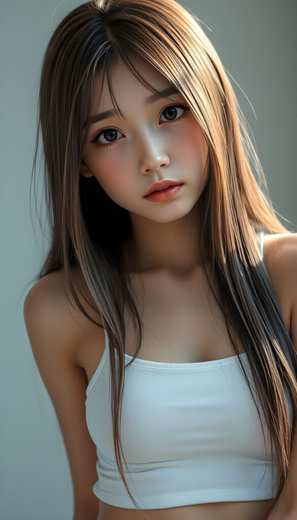 super realistic, detailed face, cute and stunning Asian girl, long straight hair, realistic detailed eyes, wear white short tight tank top, looks sadly at the camera, perfect curved body