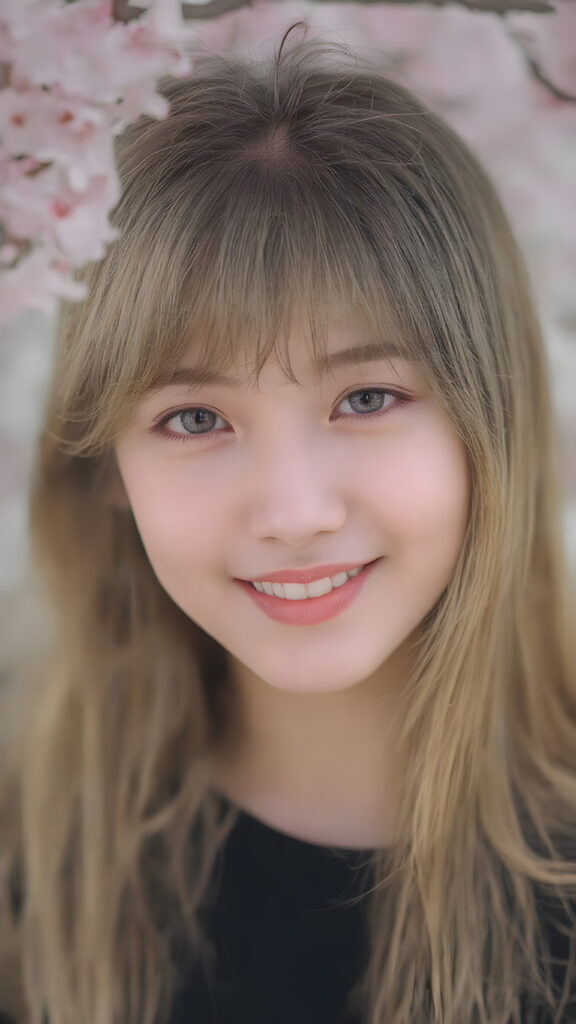 super realistic, 4k, detailed face, cute Asian teen girl, long blonde straight hair, Korean styled bangs, looks at the camera, portrait shot, smile very happy, a cherry blossom in the background