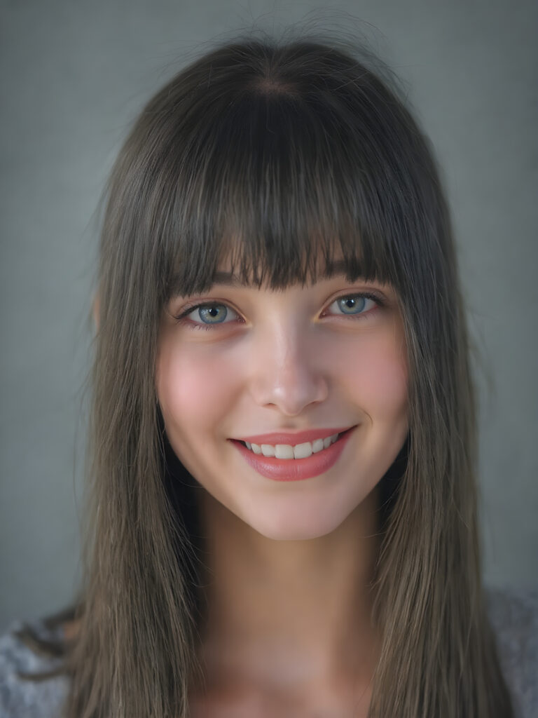 super realistic, 4k, detailed and round face, cute teen girl, super realistic and detailed long straight black hair like steel, styled bangs, looks at the camera, (centered portrait shot), smile very happy, she has detailed amber eyes and eyeliner, perfect body, full red lips, perfect skin, warm smile open mouth and white teeth, all against a grey backdrop