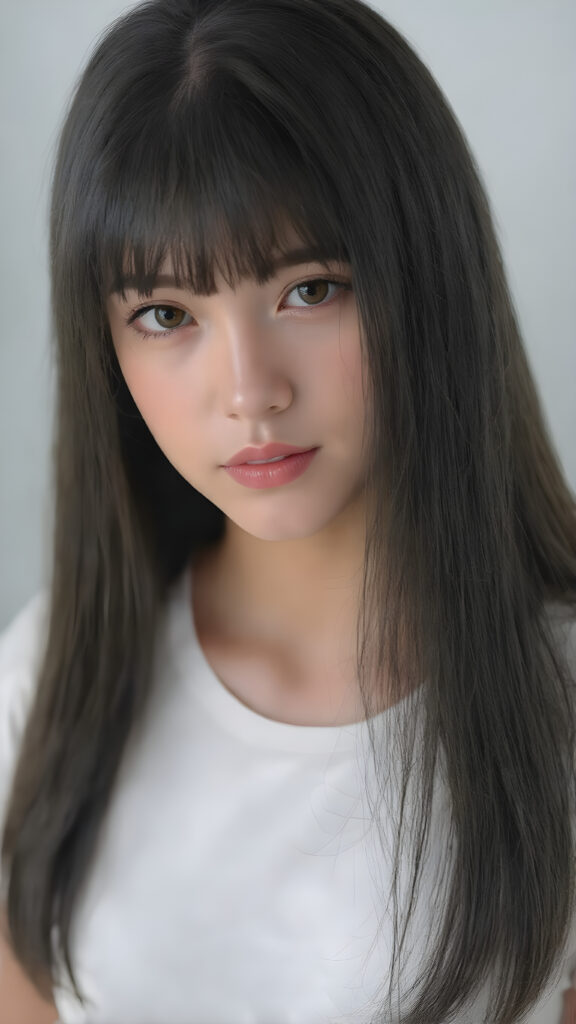 super realistic, detailed portrait, a beautiful young teen girl with long soft straight black hair bangs, round face, looks sweetly into the camera, she wears a short white t-shirt