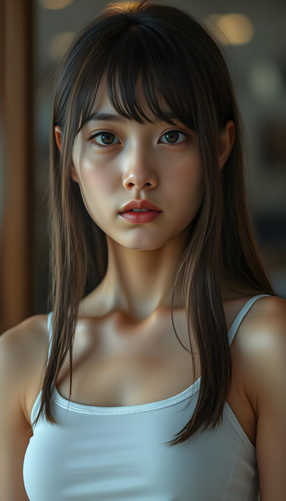 super realistic, detailed face, cute Asian girl, long straight hair, realistic detailed eyes, wear white short tight tank top, looks sadly at the camera, perfect curved body