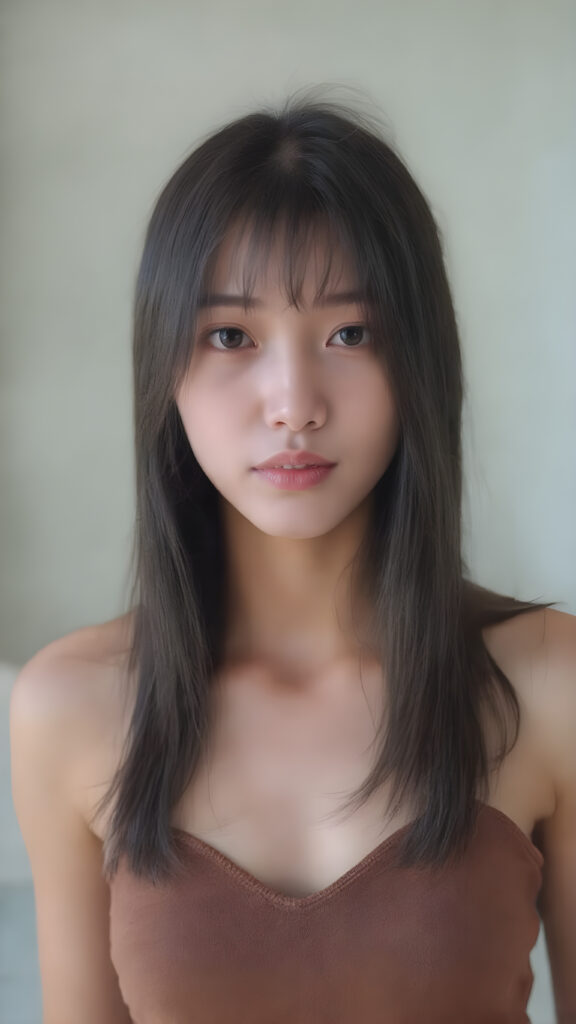 super realistic and detailed photo, a vividly captured moment where a (((Korean cute young adult girl, flawless, beautiful skin))) with long straight jet-black super soft hair, bangs, stands confidently upper body portrait, dressed in a ((brown sleeveless cropped tank top, deep v-neck, perfect curved body)) that accentuates her toned, slightly imperfect complexion. Her striking features and perfectly proportioned figure convey an air of natural beauty