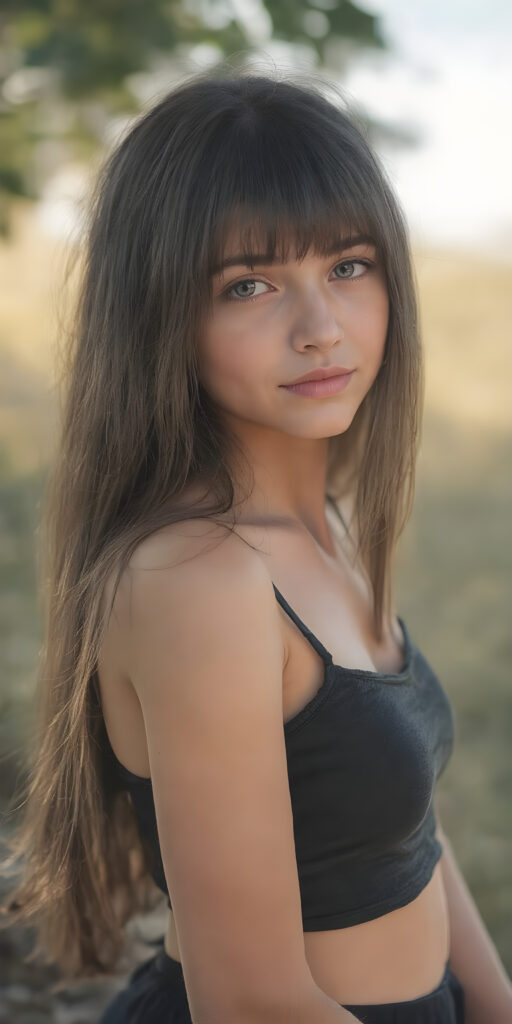 super realistic and detailed photo, a beautiful young teen girl, with (long, straight, jet soft untucked hair, bangs), (full body view), with a slightly turned head), she wears an (thigh-length) short cropped tank top (that perfectly complements her youthful figure) paired with a round short black mini skirt, the lighting is soft and warm, highlighting her natural beauty and the intricate details of her dress, all against a sunny backdrop in nature, ((the camera is slightly sideways at half height))