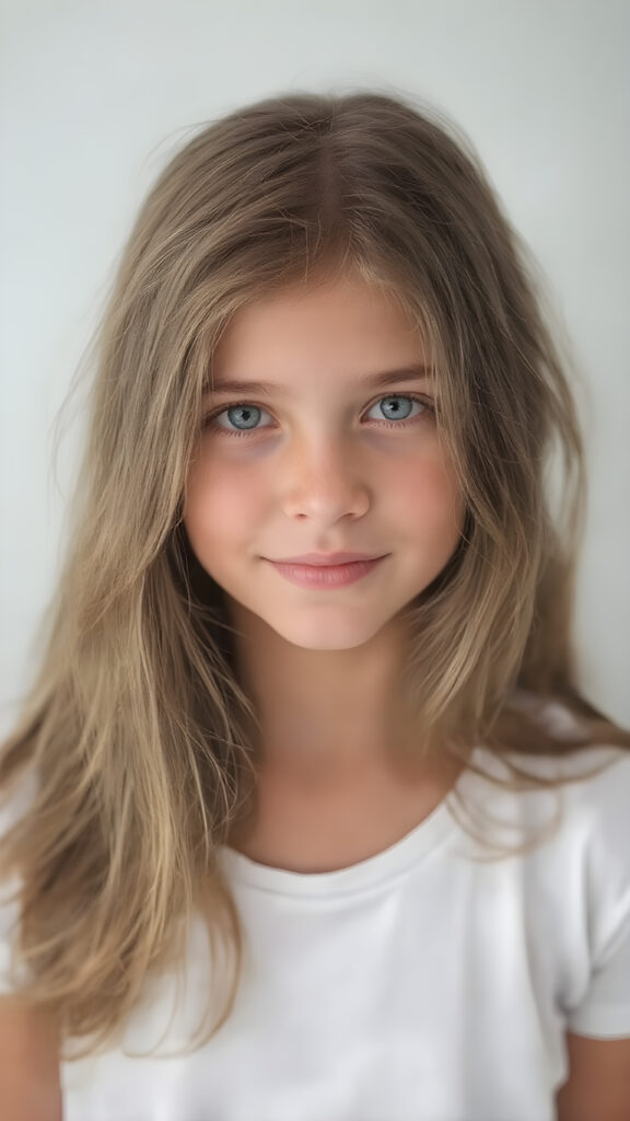 super realistic, detailed portrait, a beautiful young girl with long hair looks sweetly into the camera. She wears a white t-shirt