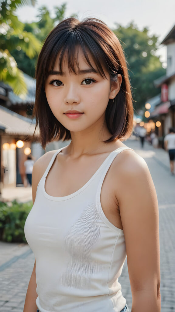 super realistic, 4k, detailed face, perfect curved body, cute Asian teen girl, long straight soft hair, bangs cut, wear only a white short tight tank top, looks at the camera, portrait shot