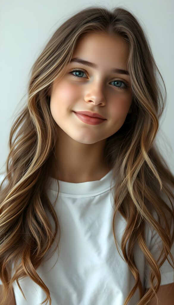 super realistic, detailed portrait, a beautiful young girl with long brown wavy hair and white highlights looks sweetly into the camera. She wears a white t-shirt. White plain simple backdrop.