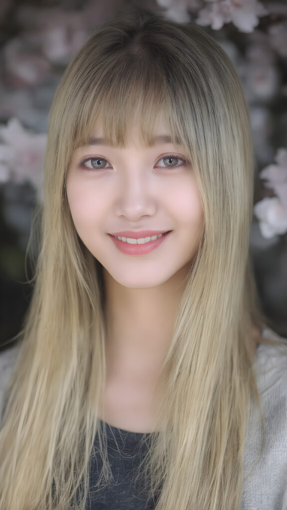 super realistic, 4k, detailed face, cute Asian teen girl, long blonde straight hair, Korean styled bangs, looks at the camera, portrait shot, smile very happy, a cherry blossom in the background