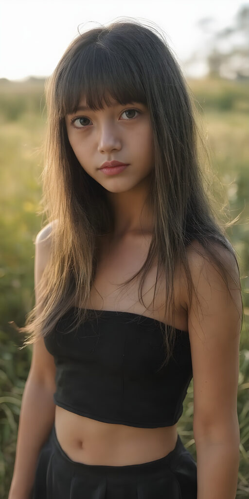super realistic and detailed photo, a beautiful young teen girl, with (long, straight, jet soft hair, bangs), (full body view, with a slightly turned head, looking up into the camera), she wears an (thigh-length) short cropped tank top (that perfectly complements her youthful figure) paired with a round short black mini skirt, the lighting is soft and warm, highlighting her natural beauty and the intricate details of her dress, all against a sunny backdrop in nature, ((the camera is slightly sideways at half height))