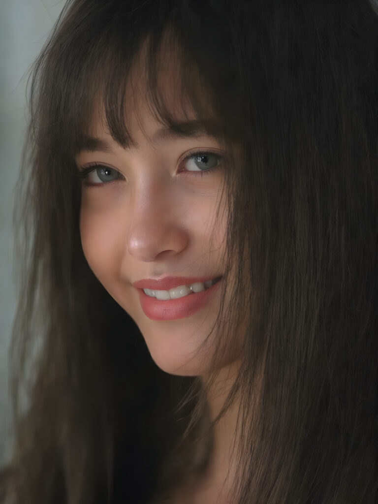 super realistic, 4k, detailed and round face, cute teen girl, super realistic and detailed long straight black hair like steel, styled bangs, looks at the camera, (side portrait shot), smile very happy, she has detailed amber eyes and eyeliner, perfect body, full red lips, perfect skin, warm smile open mouth and white teeth, all against a grey backdrop
