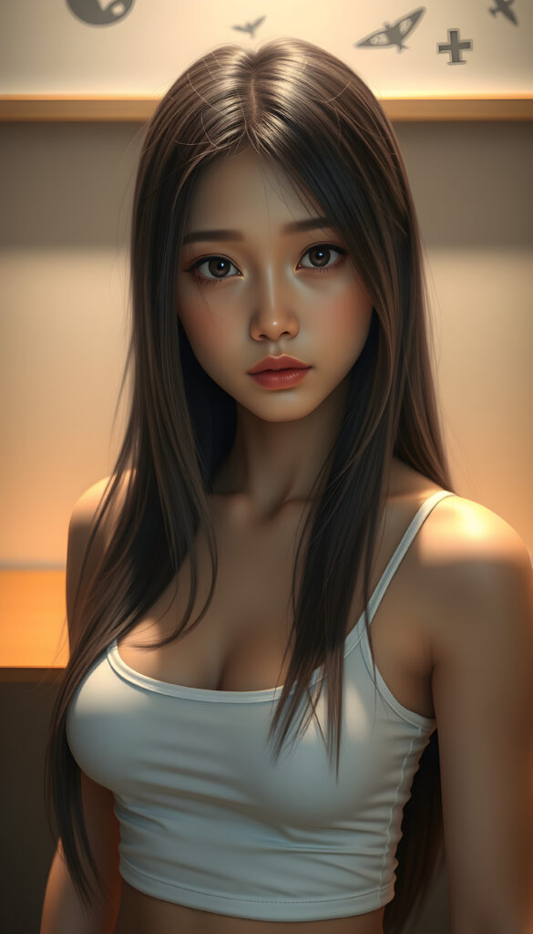 super realistic, detailed face, cute and stunning Asian girl, long straight hair, realistic detailed eyes, wear white short tight tank top, looks sadly at the camera, perfect curved body