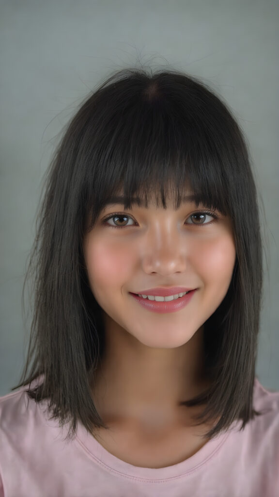 super realistic, 4k, detailed and round face, cute teen girl, ((super realistic and detailed straight black hair like steel)), styled bangs and bob, looks at the camera, (centered portrait shot), smile very happy, she has detailed amber eyes and eyeliner, perfect body, full red lips, perfect skin, warm smile open mouth and white teeth, all against a grey backdrop, the girl wears a short, thin light pink t-shirt, perfect fit female body