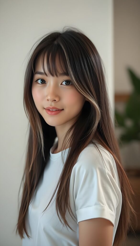 super realistic, detailed portrait, a beautiful young Asian girl with long brown straight hair and white highlights looks sweetly into the camera. She wears a white thin t-shirt. The t-shirt support her perfect female body. White plain simple backdrop.