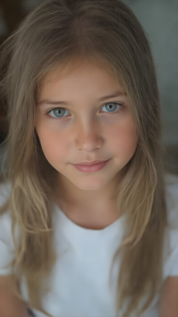 super realistic, detailed portrait, a beautiful young girl with long hair looks sweetly into the camera. She wears a white t-shirt