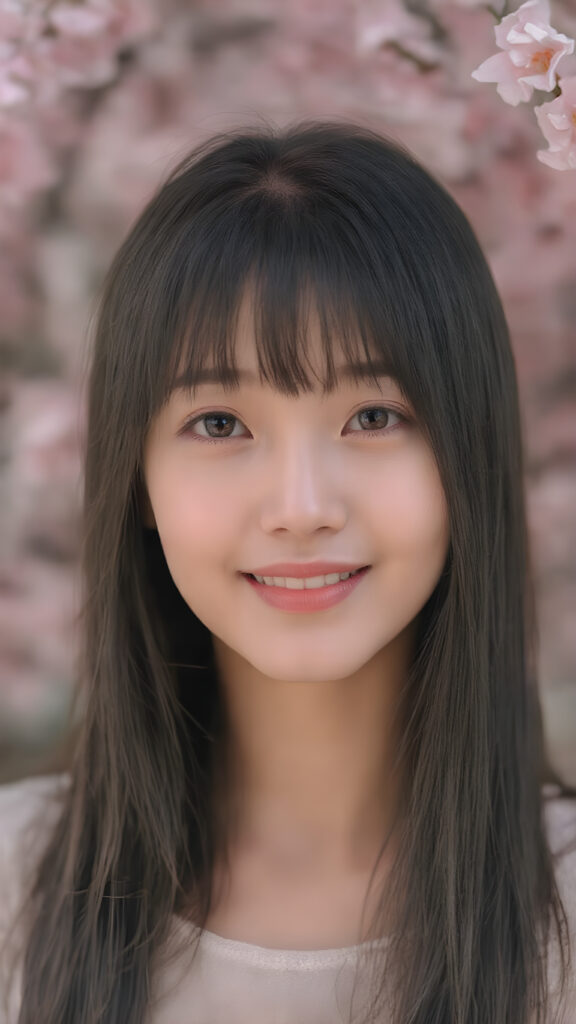 super realistic, 4k, detailed face, cute Asian teen girl, long straight black hair, Korean styled bangs, looks at the camera, portrait shot, smile very happy, there are cherry blossom trees in the background, she has amber eyes, perfect body
