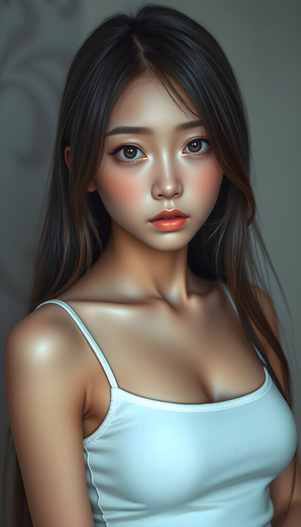 super realistic, detailed face, cute and stunning Asian girl, long straight hair, realistic detailed eyes, wear white short tight tank top, looks sadly at the camera, perfect curved body
