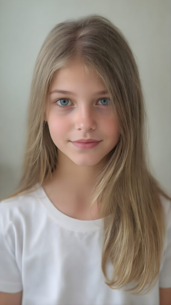 super realistic, detailed portrait, a beautiful young girl with long hair looks sweetly into the camera. She wears a white t-shirt