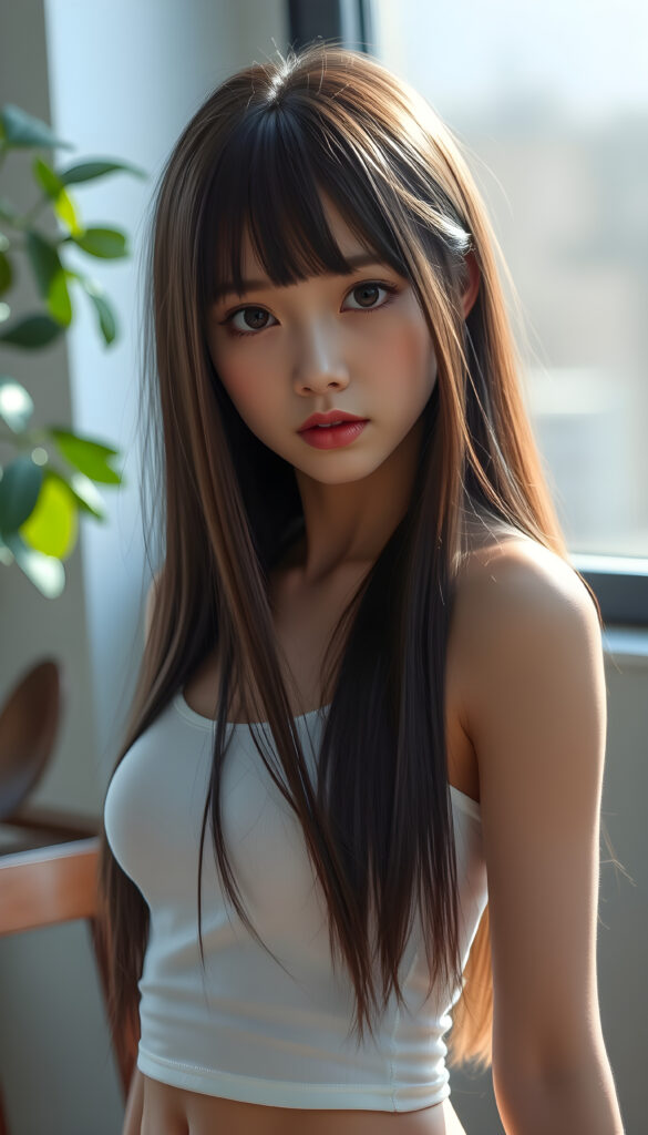 super realistic, detailed face, cute and stunning Asian girl, long straight hair, realistic detailed eyes, wear white short tight tank top, looks sadly at the camera, perfect curved body