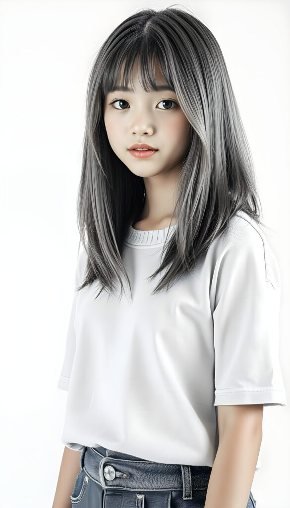 super realistic, detailed, ((gorgeous)) ((stunning)) cute young girl, full body portrait, 18 years old, pencil drawing, thin and fine wool t-shirt and a round short mini skirt, fine open straight ash grey shiny hair