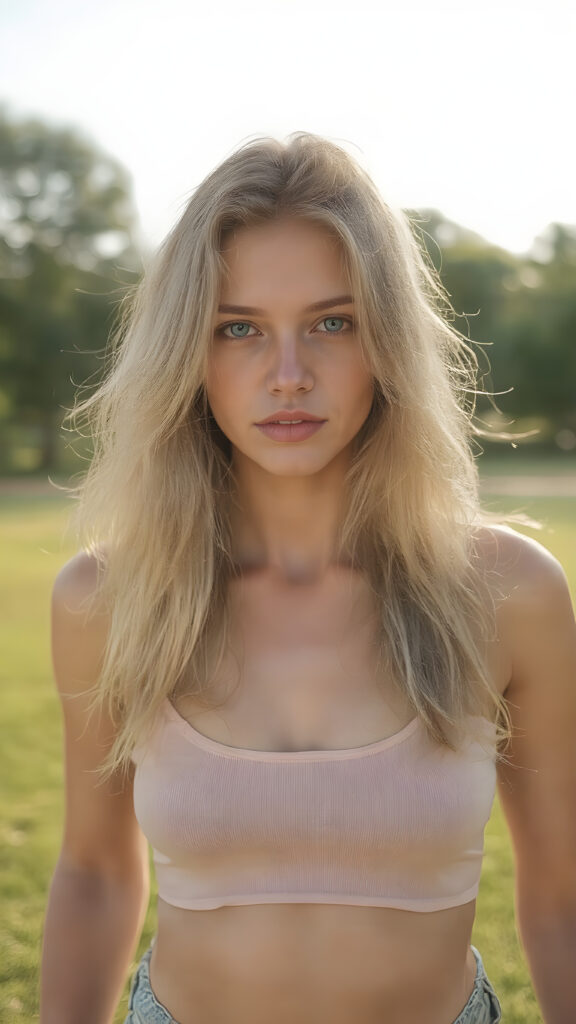 super realistic photo, ((the most beautiful girl in the world, with long, flowing green-blond hair and bright, sunny blue eyes, full pouty lips, and (light, natural skin))), dressed in a (((pretty, translucent short cropped tank top))). She's posed confidently in a sunny park, showing off her ((pretty, natural navel)). She wears short denim jeans pants, surrounding her is a (sunny, blue sky) and a (soft, warm glow) that gives the scene an even more ethereal quality.