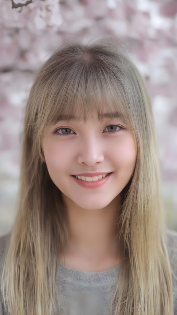 super realistic, 4k, detailed face, cute Asian teen girl, long blonde straight hair, Korean styled bangs, looks at the camera, portrait shot, smile very happy, a cherry blossom in the background