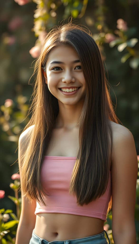super realistic and detailed photo from a vibrant, joyful teenager, her smile radiant and infectious, stands in a lush garden bathed in golden sunlight. She wears a stylish, short pink crop top that accentuates her curves beautifully. Cute round small belly button. Her long, straight, hazelnut-colored hair cascades down her shoulders like a waterfall in the same length left and right. The scene is enhanced by soft bokeh effects and delicate floral accents, with blooming flowers and greenery surrounding her, creating a serene and cheerful atmosphere. The lighting is warm and inviting, highlighting her features and the vibrant colors of her outfit and the garden.