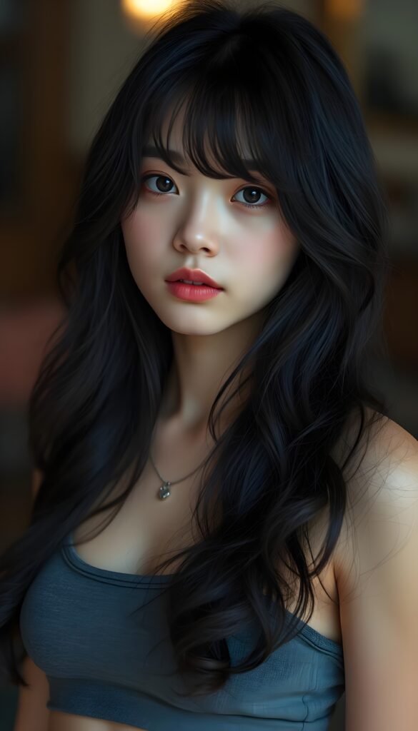 super realistic, 4k, detailed face, cute Exotic teen girl, long black wavy soft hair, bangs cut, wear a grey crop tank top, looks at the camera, portrait shot