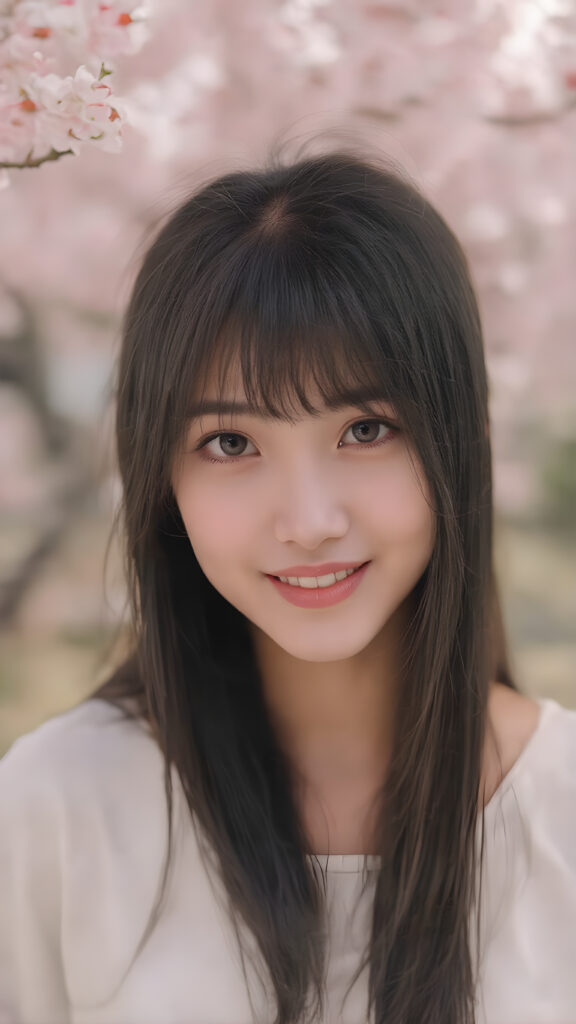 super realistic, 4k, detailed face, cute Asian teen girl, long straight black hair, Korean styled bangs, looks at the camera, portrait shot, smile very happy, there are cherry blossom trees in the background, she has amber eyes, perfect body