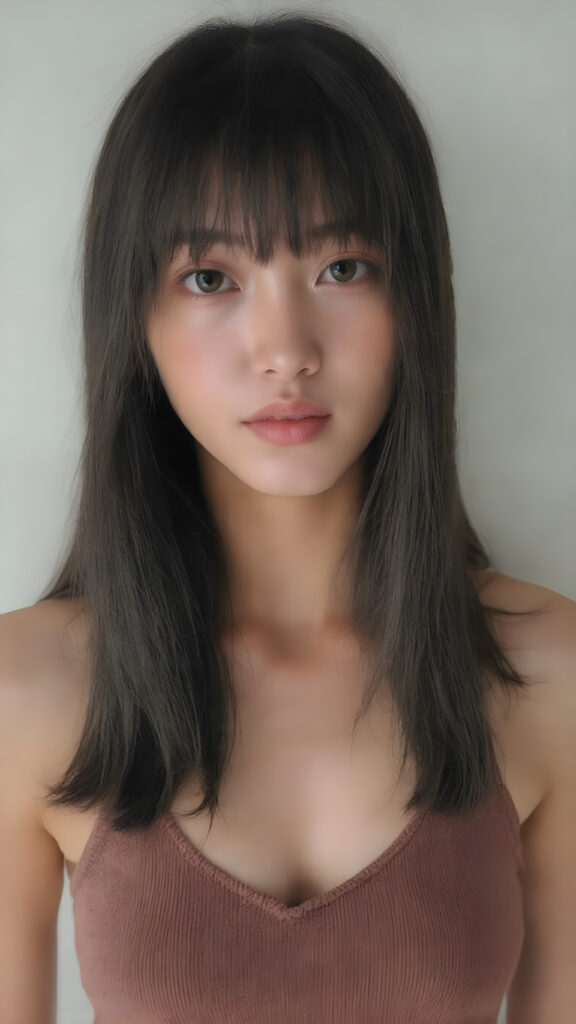 super realistic and detailed photo, a vividly captured moment where a (((Korean cute young adult girl, flawless, beautiful skin))) with long straight jet-black super soft hair, bangs, stands confidently upper body portrait, dressed in a ((brown sleeveless cropped tank top, deep v-neck, perfect curved body)) that accentuates her toned, slightly imperfect complexion. Her striking features and perfectly proportioned figure convey an air of natural beauty